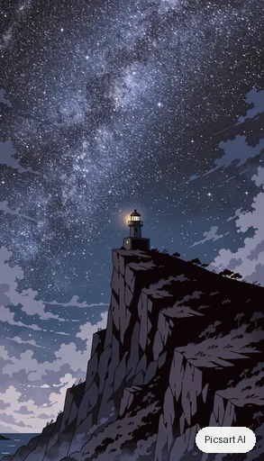 Recraft V4.1: anime phone wallpaper, a lonely lighthouse on a cliff at night, huge starry sky, tiny warm window light, vertical