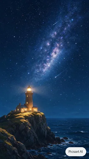 Seedream 5.0 Pro: anime phone wallpaper, a lonely lighthouse on a cliff at night, huge starry sky, tiny warm window light, vertical
