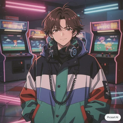 Flux 2 Pro: Retro 90s anime style portrait of a boy with headphones and a baggy jacket in a neon-lit arcade, VHS grain, slightly faded colours