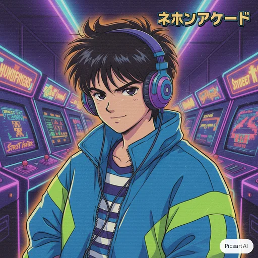 Nano Banana: Retro 90s anime style portrait of a boy with headphones and a baggy jacket in a neon-lit arcade, VHS grain, slightly faded colours