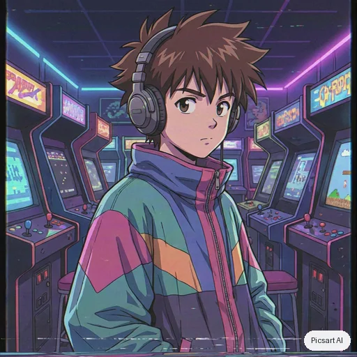 Nano Banana Pro: Retro 90s anime style portrait of a boy with headphones and a baggy jacket in a neon-lit arcade, VHS grain, slightly faded colours