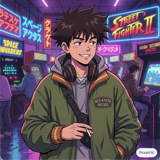 Nano Banana 2: Retro 90s anime style portrait of a boy with headphones and a baggy jacket in a neon-lit arcade, VHS grain, slightly faded colours