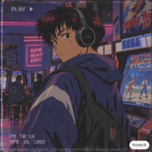 GPT Image 2.5 Sunburst: Retro 90s anime style portrait of a boy with headphones and a baggy jacket in a neon-lit arcade, VHS grain, slightly faded colours