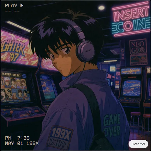 GPT Image 2: Retro 90s anime style portrait of a boy with headphones and a baggy jacket in a neon-lit arcade, VHS grain, slightly faded colours