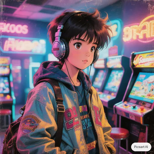 Hunyuan V3: Retro 90s anime style portrait of a boy with headphones and a baggy jacket in a neon-lit arcade, VHS grain, slightly faded colours