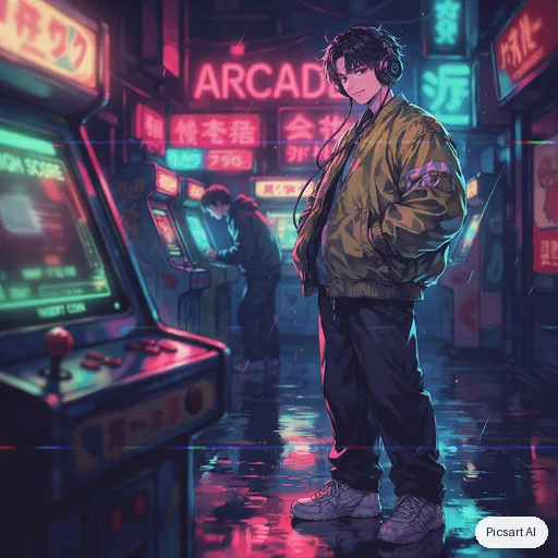 Ideogram 4.5: Retro 90s anime style portrait of a boy with headphones and a baggy jacket in a neon-lit arcade, VHS grain, slightly faded colours