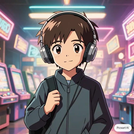 Kling 3.0 Image: Retro 90s anime style portrait of a boy with headphones and a baggy jacket in a neon-lit arcade, VHS grain, slightly faded colours