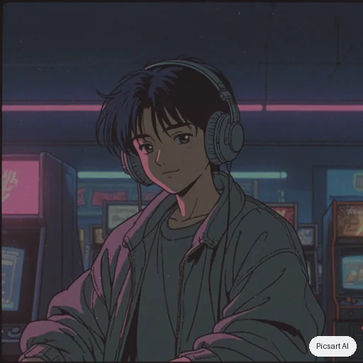 Luma UNI-1: Retro 90s anime style portrait of a boy with headphones and a baggy jacket in a neon-lit arcade, VHS grain, slightly faded colours
