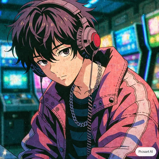 Recraft V4.1: Retro 90s anime style portrait of a boy with headphones and a baggy jacket in a neon-lit arcade, VHS grain, slightly faded colours