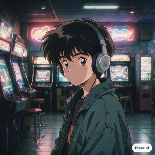 Seedream 5.0 Pro: Retro 90s anime style portrait of a boy with headphones and a baggy jacket in a neon-lit arcade, VHS grain, slightly faded colours