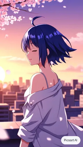 Veo 3.1 Fast clip, middle frame, for: anime girl with short blue hair standing on a rooftop at sunset, wind blowing her hair and jacket, she turns and smiles, cherry blossom petals flying