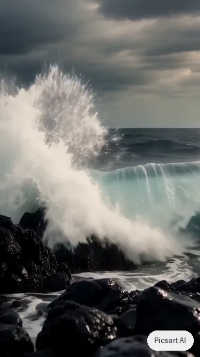 Wan 2.7 clip, middle frame, for: Ocean waves crashing against black volcanic rocks, slow motion spray, overcast moody sky, low camera angle, film look