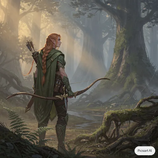 Flux 2 Pro: Concept art of an elven ranger with braided copper hair and a mossy green cloak standing at the edge of a misty ancient forest, longbow on her back, painterly style, soft morning rays