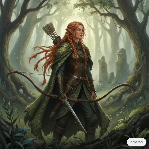 Nano Banana: Concept art of an elven ranger with braided copper hair and a mossy green cloak standing at the edge of a misty ancient forest, longbow on her back, painterly style, soft morning rays