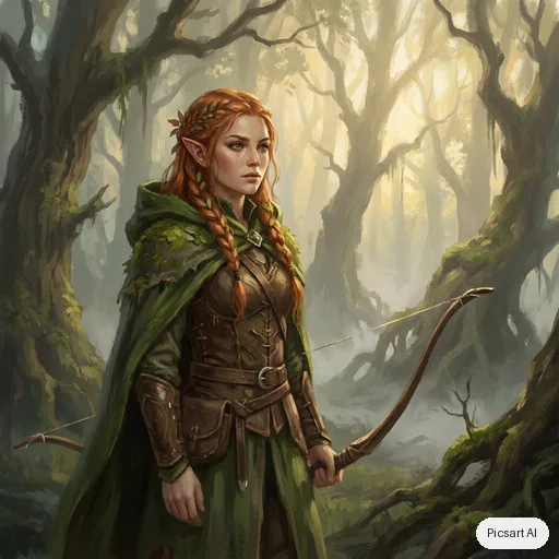 Nano Banana Pro: Concept art of an elven ranger with braided copper hair and a mossy green cloak standing at the edge of a misty ancient forest, longbow on her back, painterly style, soft morning rays