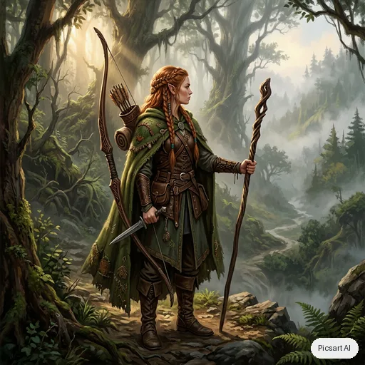 Nano Banana 2: Concept art of an elven ranger with braided copper hair and a mossy green cloak standing at the edge of a misty ancient forest, longbow on her back, painterly style, soft morning rays