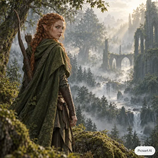 GPT Image 2.5 Sunburst: Concept art of an elven ranger with braided copper hair and a mossy green cloak standing at the edge of a misty ancient forest, longbow on her back, painterly style, soft morning rays