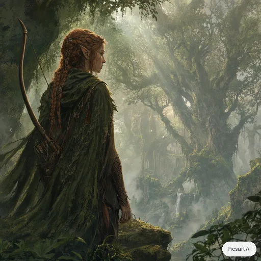 GPT Image 2: Concept art of an elven ranger with braided copper hair and a mossy green cloak standing at the edge of a misty ancient forest, longbow on her back, painterly style, soft morning rays
