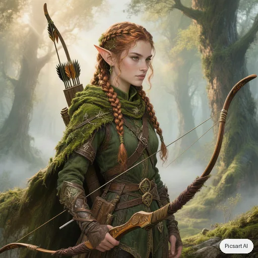 Hunyuan V3: Concept art of an elven ranger with braided copper hair and a mossy green cloak standing at the edge of a misty ancient forest, longbow on her back, painterly style, soft morning rays