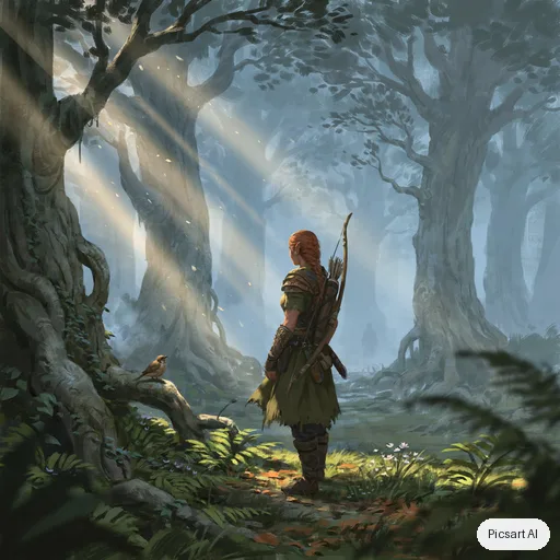 Ideogram 4.5: Concept art of an elven ranger with braided copper hair and a mossy green cloak standing at the edge of a misty ancient forest, longbow on her back, painterly style, soft morning rays