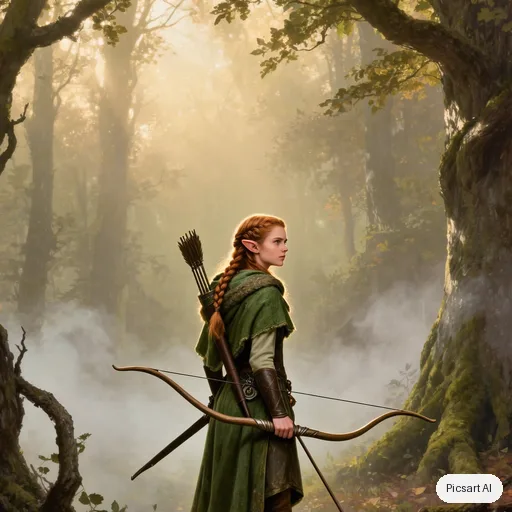 Kling 3.0 Image: Concept art of an elven ranger with braided copper hair and a mossy green cloak standing at the edge of a misty ancient forest, longbow on her back, painterly style, soft morning rays