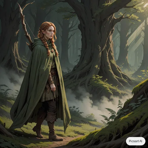 Luma UNI-1: Concept art of an elven ranger with braided copper hair and a mossy green cloak standing at the edge of a misty ancient forest, longbow on her back, painterly style, soft morning rays