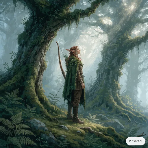 Recraft V4.1: Concept art of an elven ranger with braided copper hair and a mossy green cloak standing at the edge of a misty ancient forest, longbow on her back, painterly style, soft morning rays
