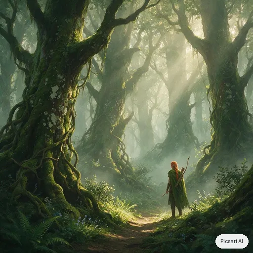 Seedream 5.0 Pro: Concept art of an elven ranger with braided copper hair and a mossy green cloak standing at the edge of a misty ancient forest, longbow on her back, painterly style, soft morning rays
