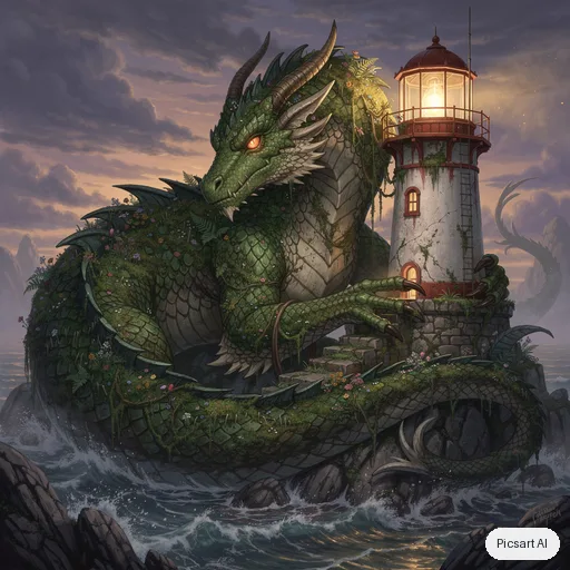 Flux 2 Pro: a friendly moss covered dragon curled around a lighthouse, fantasy illustration, detailed scales