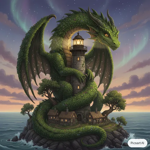 Nano Banana: a friendly moss covered dragon curled around a lighthouse, fantasy illustration, detailed scales
