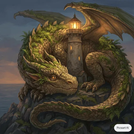 Nano Banana Pro: a friendly moss covered dragon curled around a lighthouse, fantasy illustration, detailed scales