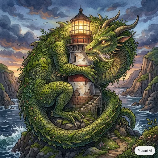 Nano Banana 2: a friendly moss covered dragon curled around a lighthouse, fantasy illustration, detailed scales