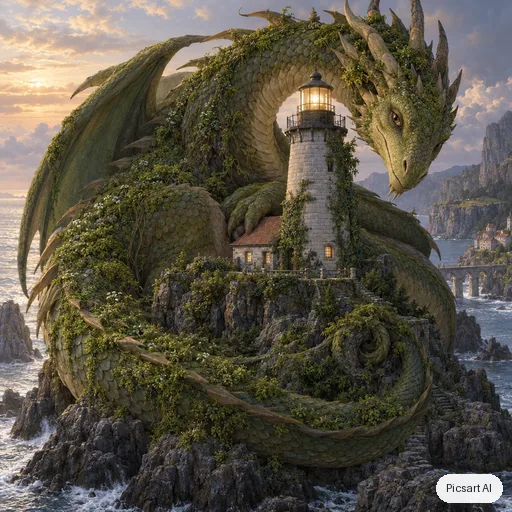 GPT Image 2.5 Sunburst: a friendly moss covered dragon curled around a lighthouse, fantasy illustration, detailed scales