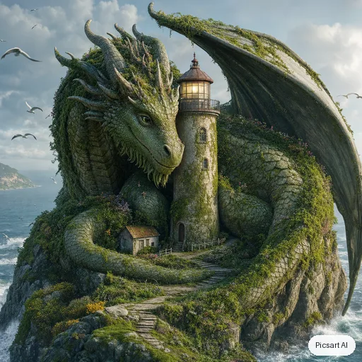 GPT Image 2: a friendly moss covered dragon curled around a lighthouse, fantasy illustration, detailed scales