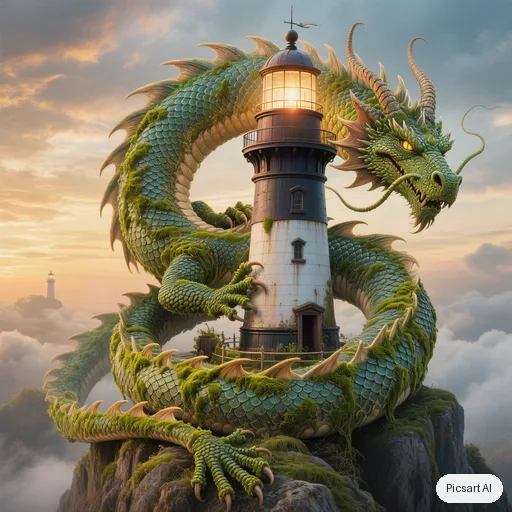 Hunyuan V3: a friendly moss covered dragon curled around a lighthouse, fantasy illustration, detailed scales
