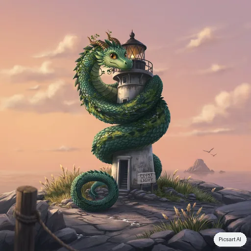 Ideogram 4.5: a friendly moss covered dragon curled around a lighthouse, fantasy illustration, detailed scales