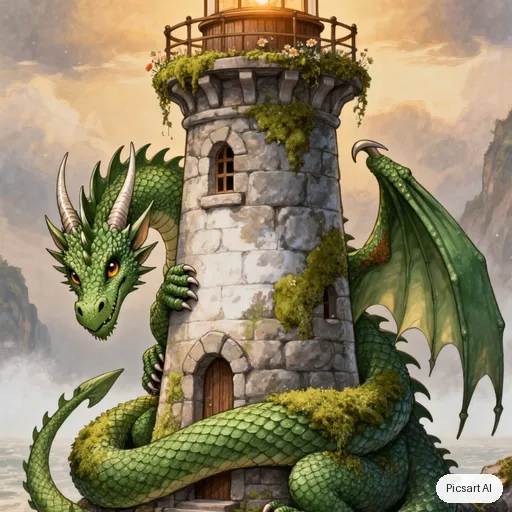 Kling 3.0 Image: a friendly moss covered dragon curled around a lighthouse, fantasy illustration, detailed scales