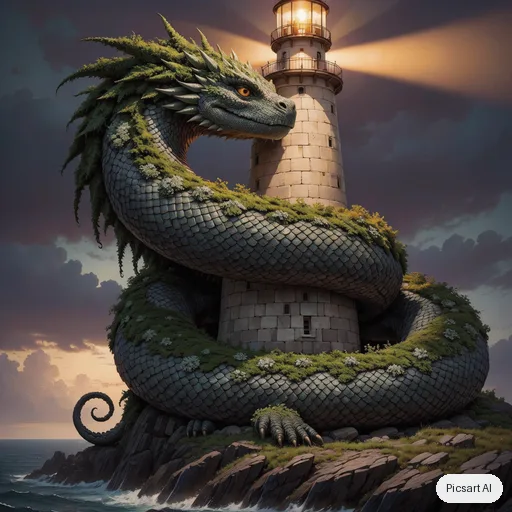Luma UNI-1: a friendly moss covered dragon curled around a lighthouse, fantasy illustration, detailed scales
