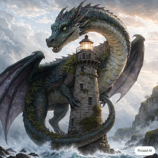 Recraft V4.1: a friendly moss covered dragon curled around a lighthouse, fantasy illustration, detailed scales