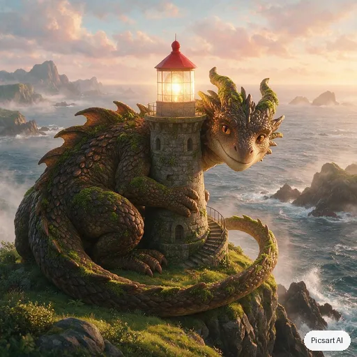 Seedream 5.0 Pro: a friendly moss covered dragon curled around a lighthouse, fantasy illustration, detailed scales