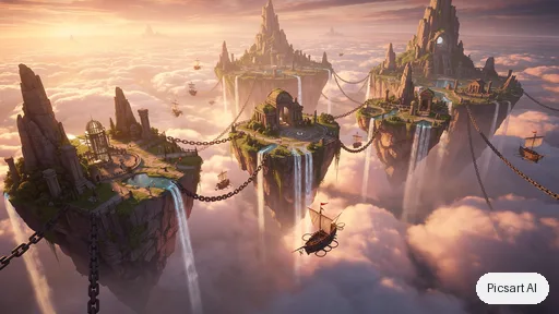 Flux 2 Pro: Epic wide establishing shot of floating islands chained together above an endless sea of clouds, waterfalls spilling into the void, tiny airships, golden hour, matte painting style