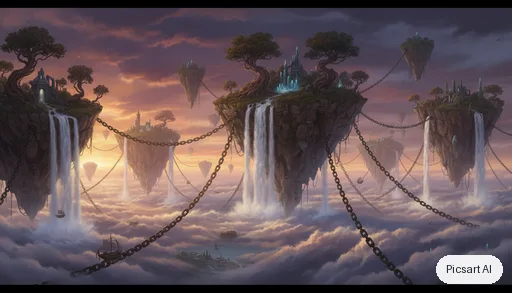 Nano Banana: Epic wide establishing shot of floating islands chained together above an endless sea of clouds, waterfalls spilling into the void, tiny airships, golden hour, matte painting style