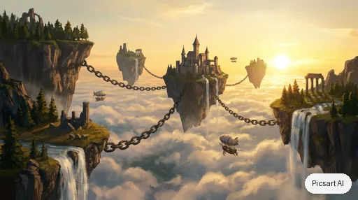 Nano Banana Pro: Epic wide establishing shot of floating islands chained together above an endless sea of clouds, waterfalls spilling into the void, tiny airships, golden hour, matte painting style