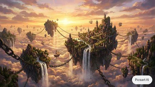 Nano Banana 2 output for: Epic wide establishing shot of floating islands chained together above an endless sea of clouds, waterfalls spilling into the void, tiny airships, golden hour, matte painting style