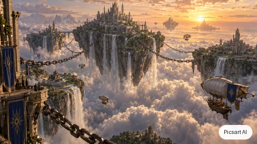 GPT Image 2.5 Sunburst: Epic wide establishing shot of floating islands chained together above an endless sea of clouds, waterfalls spilling into the void, tiny airships, golden hour, matte painting style
