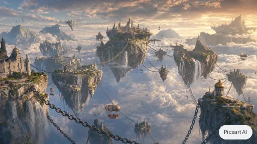 GPT Image 2: Epic wide establishing shot of floating islands chained together above an endless sea of clouds, waterfalls spilling into the void, tiny airships, golden hour, matte painting style