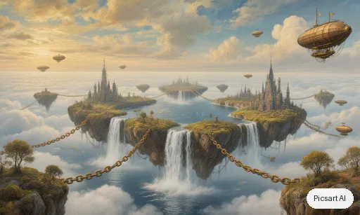 Hunyuan V3: Epic wide establishing shot of floating islands chained together above an endless sea of clouds, waterfalls spilling into the void, tiny airships, golden hour, matte painting style