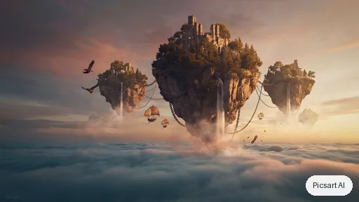 Ideogram 4.5: Epic wide establishing shot of floating islands chained together above an endless sea of clouds, waterfalls spilling into the void, tiny airships, golden hour, matte painting style