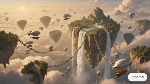 Kling 3.0 Image: Epic wide establishing shot of floating islands chained together above an endless sea of clouds, waterfalls spilling into the void, tiny airships, golden hour, matte painting style