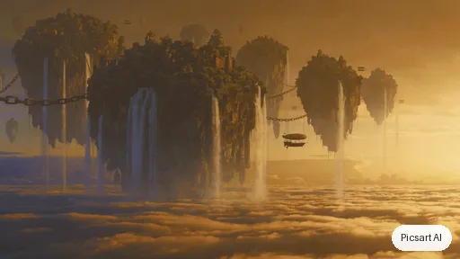 Luma UNI-1: Epic wide establishing shot of floating islands chained together above an endless sea of clouds, waterfalls spilling into the void, tiny airships, golden hour, matte painting style